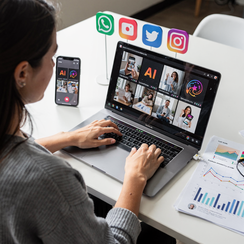 Socialmediamanager die AI-gegenereerde berichtvoorbeelden beoordeelt