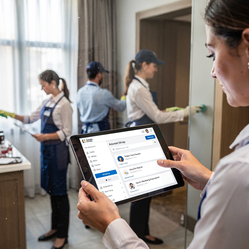 Hotel staff using a tablet showing an operations dashboard with automated ticketing and maintenance requests, housekeepers and technicians in background preparing rooms