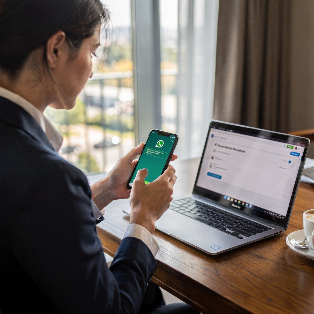 Medewerker die WhatsApp gebruikt en AI-reserveringsassistent Medewerker die WhatsApp gebruikt en AI-reserveringsassistent