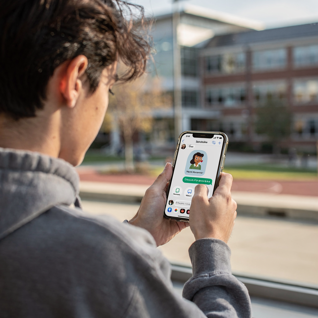 Studierender, der über Mobilgerät mit konversationeller KI chattet