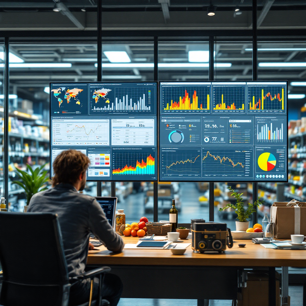 Control room style view of a supermarket operations dashboard on multiple screens showing inventory heatmaps, demand forecasts and staff rosters, modern UI, no text or numbers
