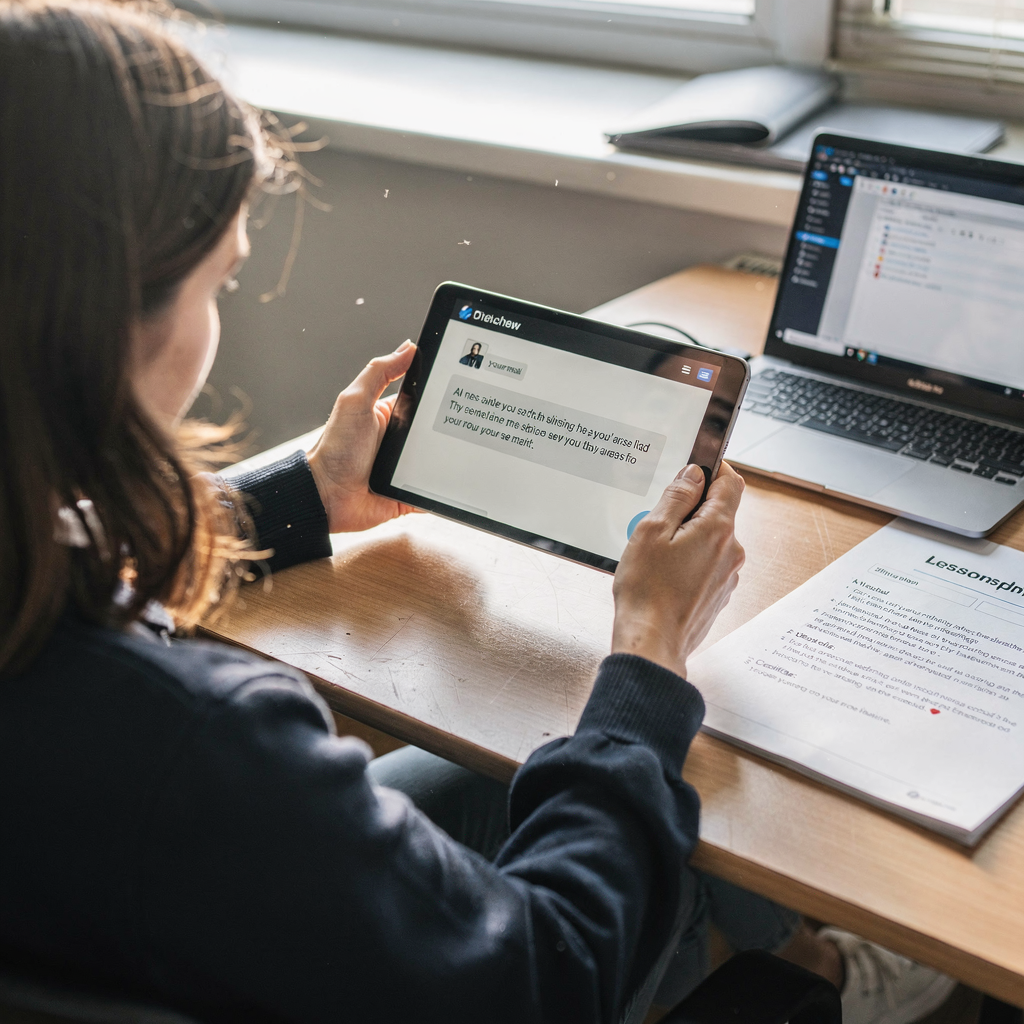 Lehrkraft überprüft KI-erstellte E-Mail mit Link zum Unterrichtsplan