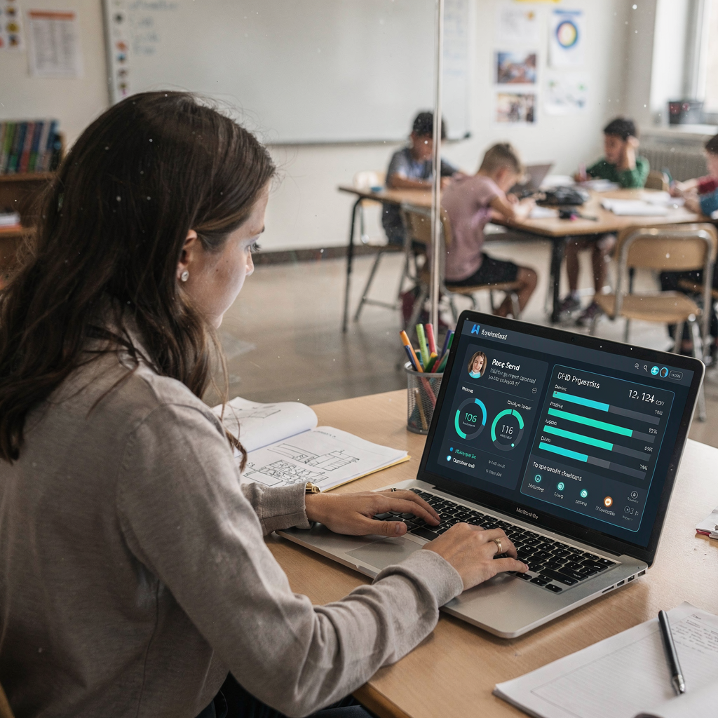 Nauczyciel przeglądający wygenerowaną przez AI informację zwrotną do prac uczniów