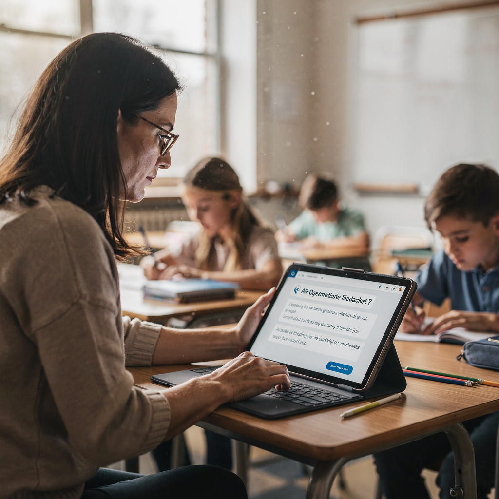 Lehrkraft überprüft von KI erstelltes Feedback auf einem Tablet