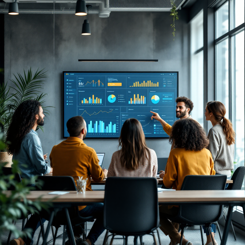 A collaborative office scene showing a diverse property management team reviewing analytics on a large screen while an AI agent icon assists in the background, no text or numbers