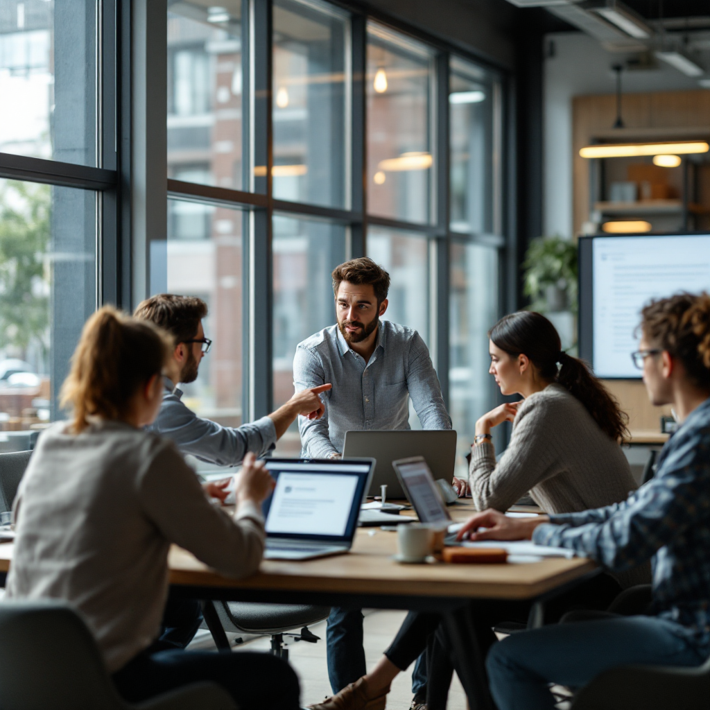A logistics team reviewing AI-generated email drafts on laptops in a collaborative office space, people pointing at a screen with a templated reply