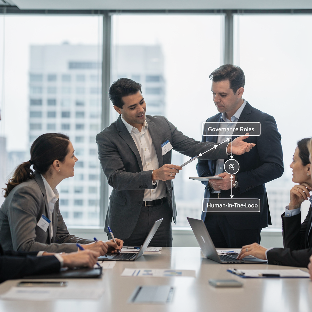 Team reviewing AI governance and deployment architecture Team reviewing AI governance and deployment architecture