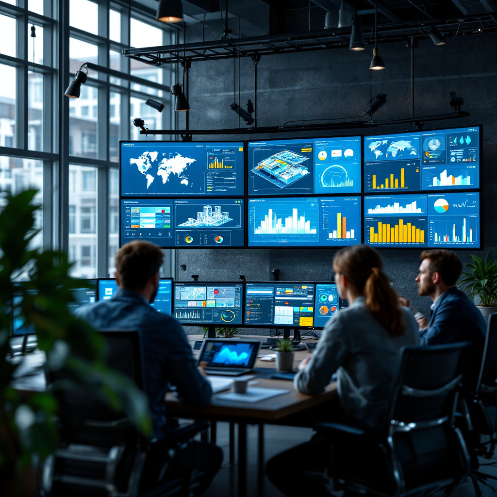 Equipo revisando modelos BIM y paneles de riesgo en una sala de control