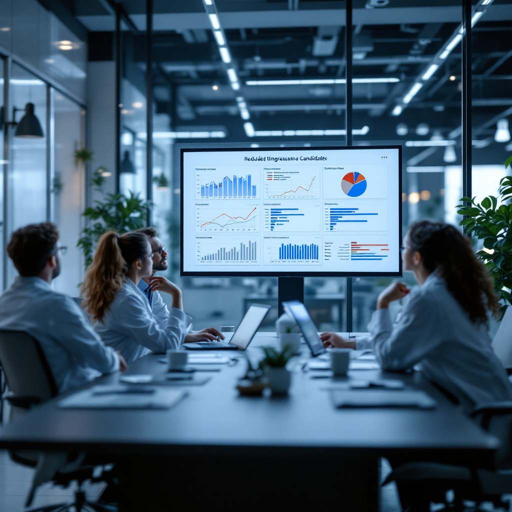Equipo revisando gráficos de progreso de candidatos