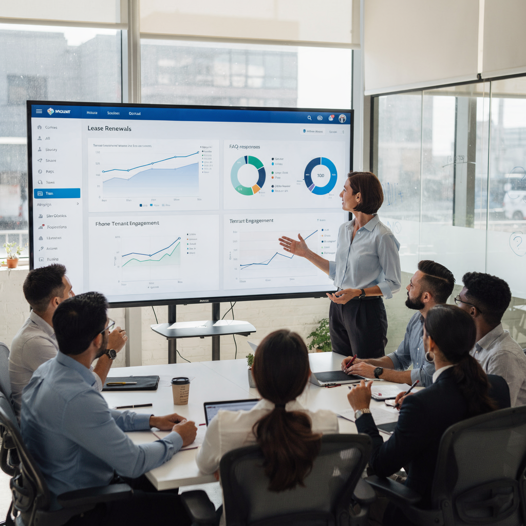 Équipe examinant un tableau de bord des renouvellements de bail et des FAQ