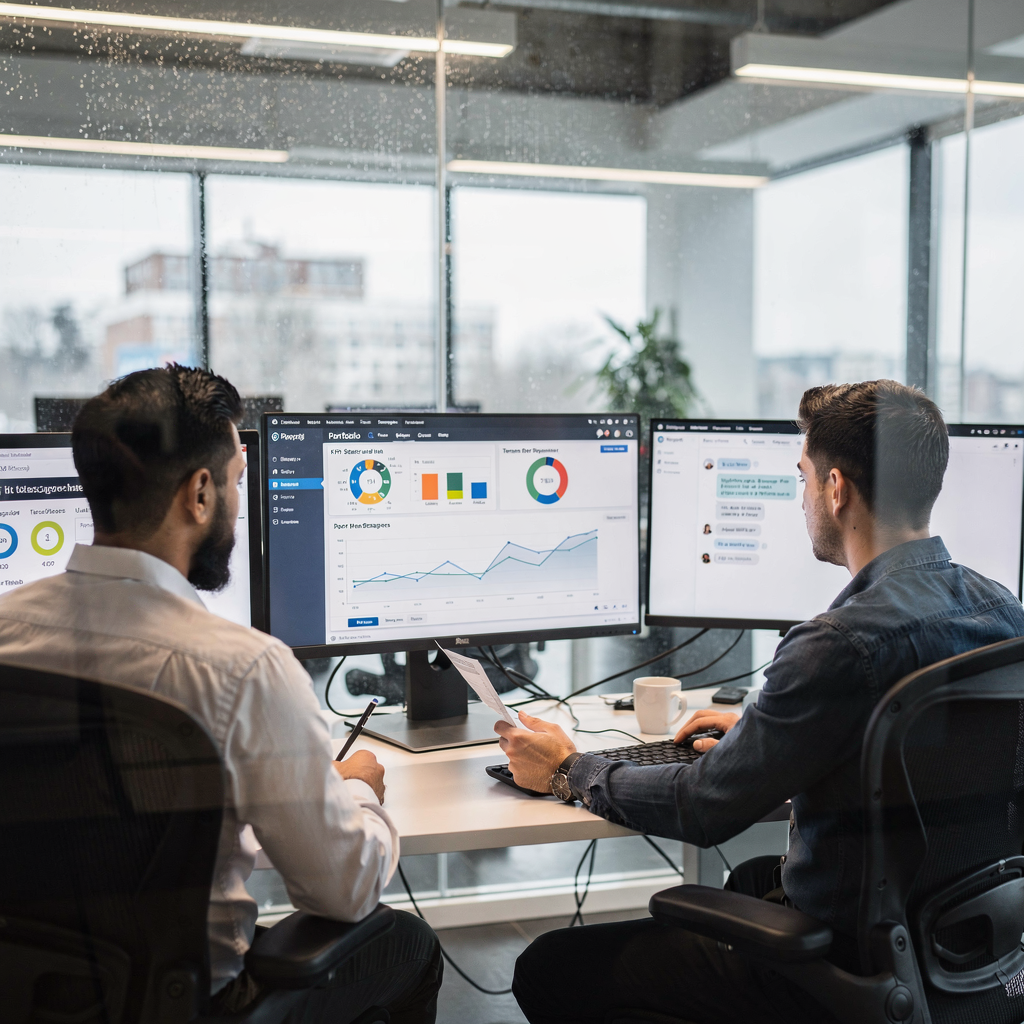 Team reviewing property portfolio analytics Modern office scene with property managers reviewing analytics dashboards showing portfolio KPIs and tenant messages on multiple screens