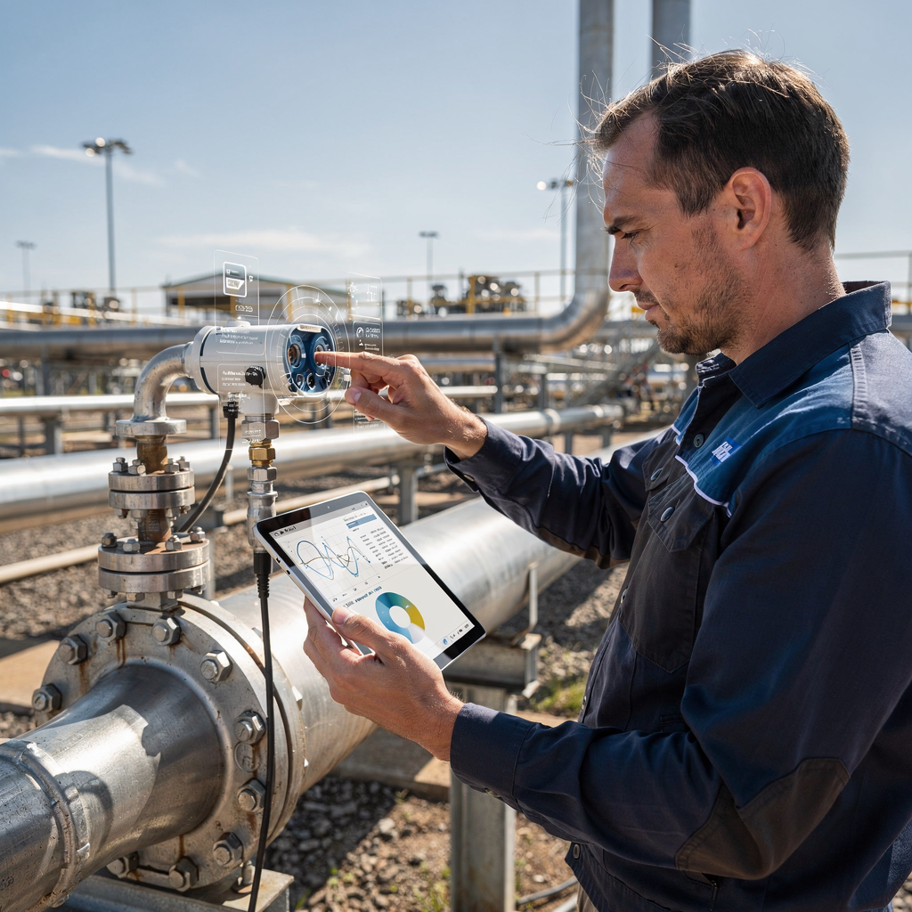 Field technician checking a pressure sensor on a pipeline near a treatment plant, tablet in hand with data overlays, no text or numbers in image