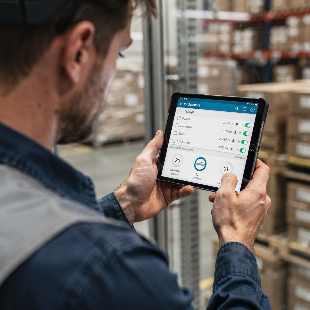 Tekniker som bruker mobil sjekkliste med sensordata