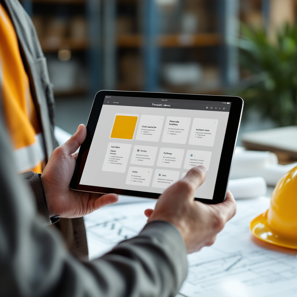 A template library displayed on a tablet held by a construction project manager, with construction plans and a hard hat nearby, showing organized templates and followup schedules
