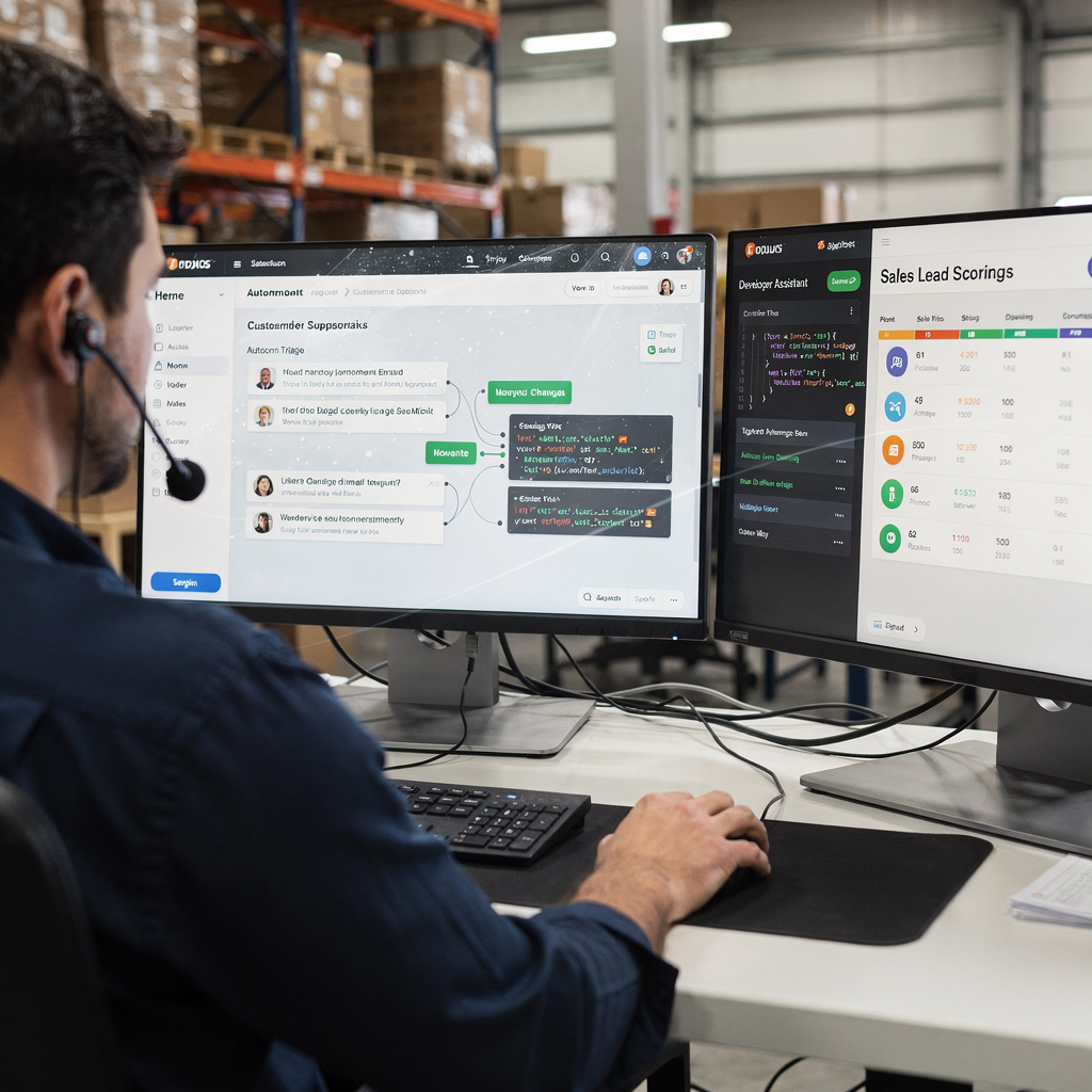Scène en trois panneaux montrant des exemples de flux de travail IA
