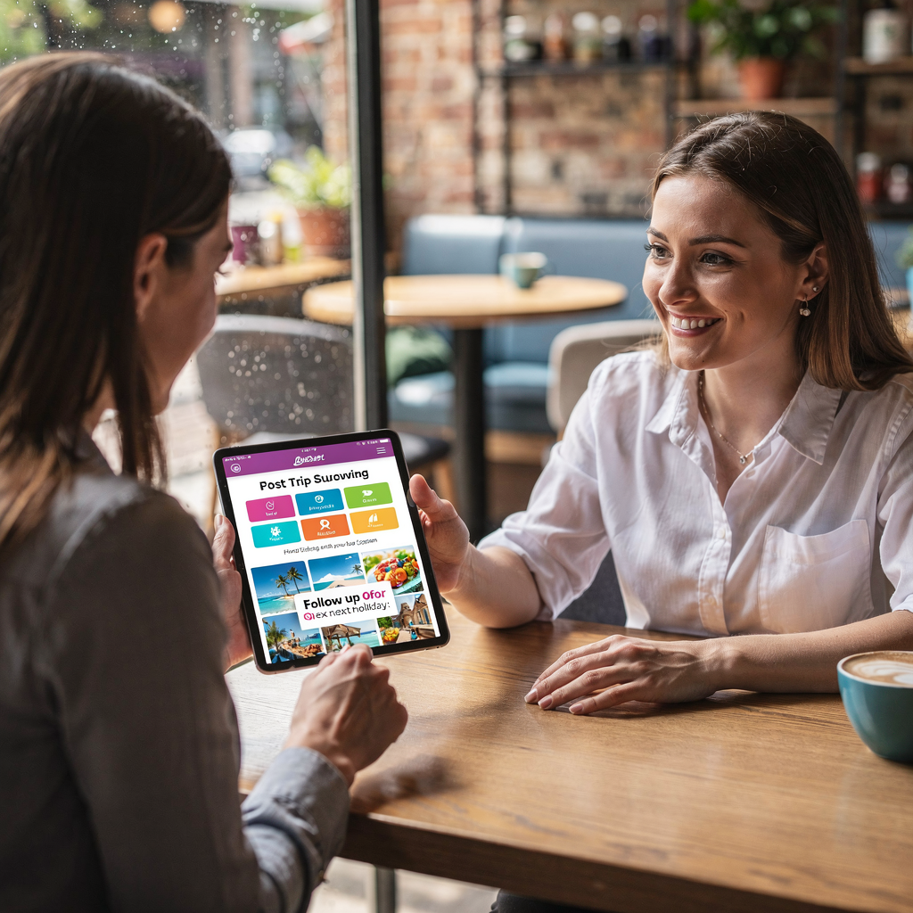 Consultor de viajes mostrando una oferta post-viaje