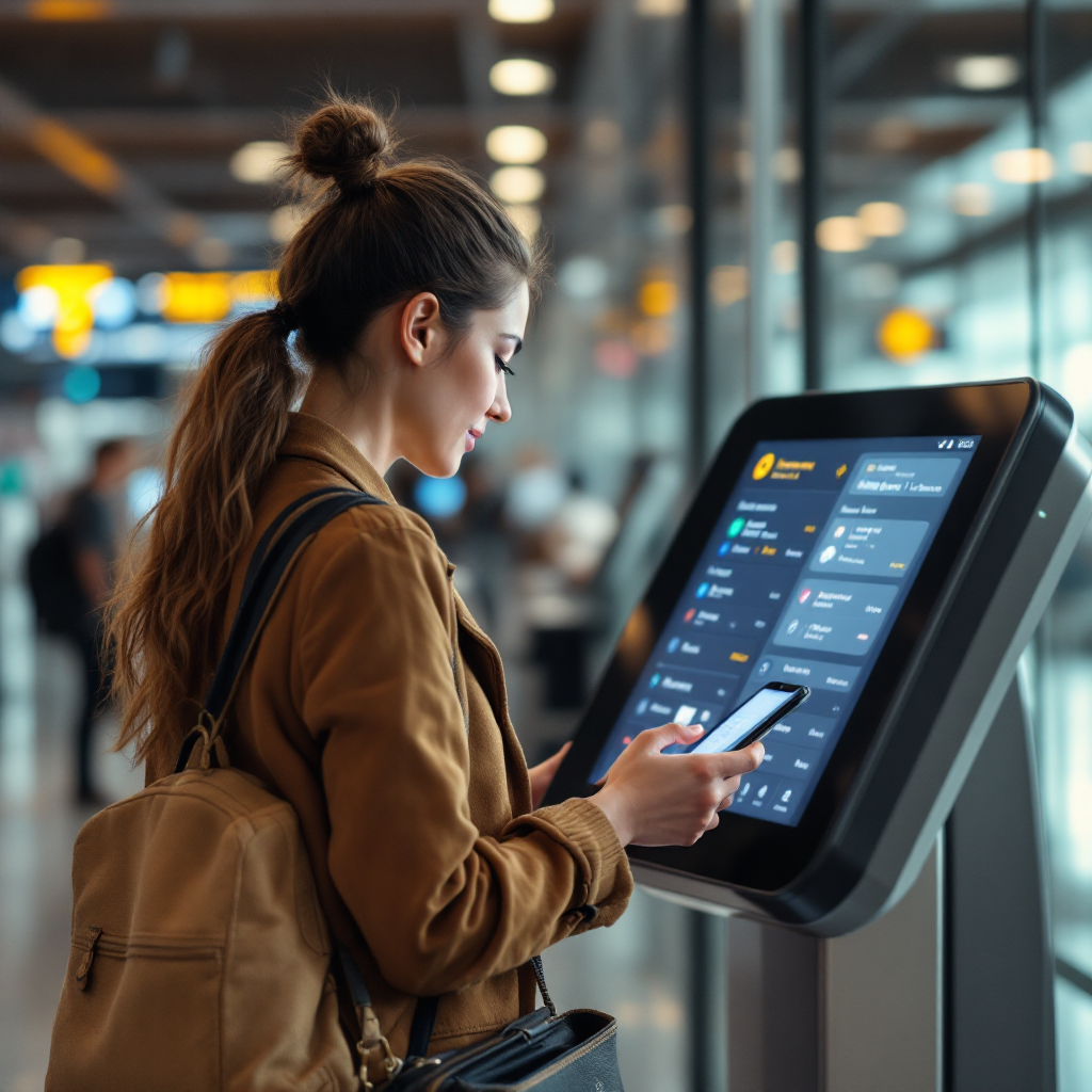 A traveler interacting with a mobile app at an airport kiosk, showing real-time flight status and baggage information with staff nearby, no text or numbers in image