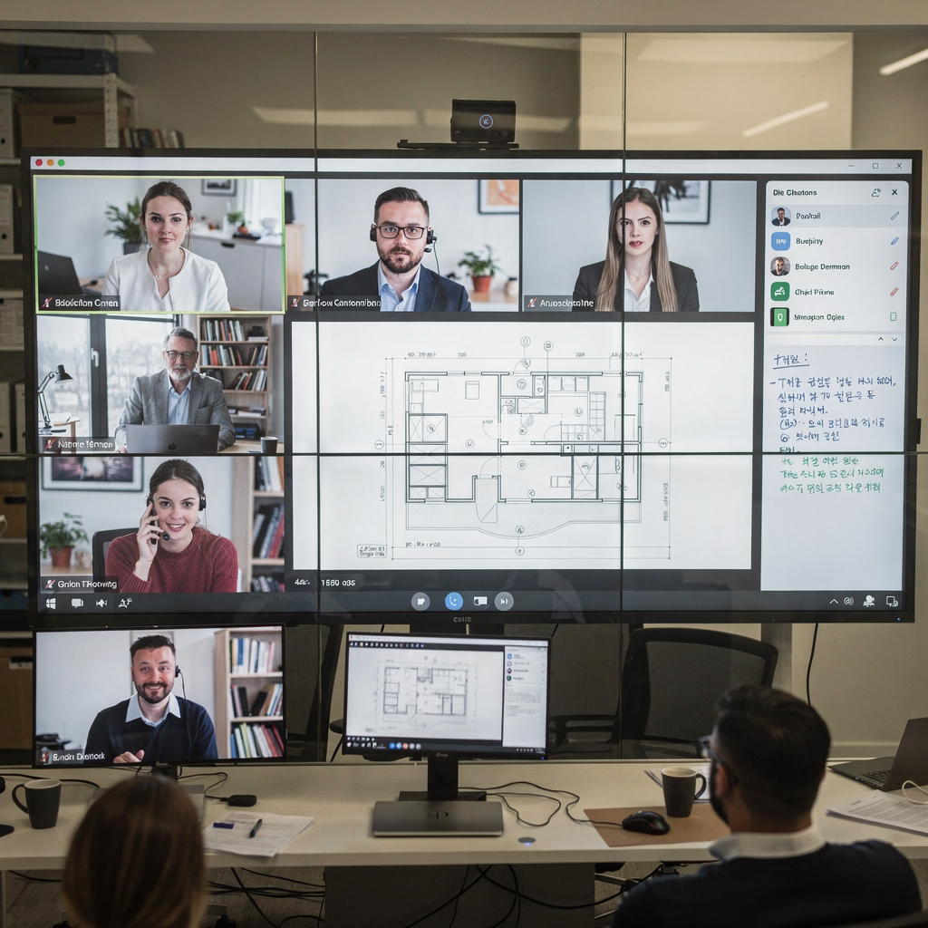 A virtual meeting scene with several participants on a tiled video call, one person sharing architectural drawings on screen, and meeting notes visible on a side panel; neutral office background