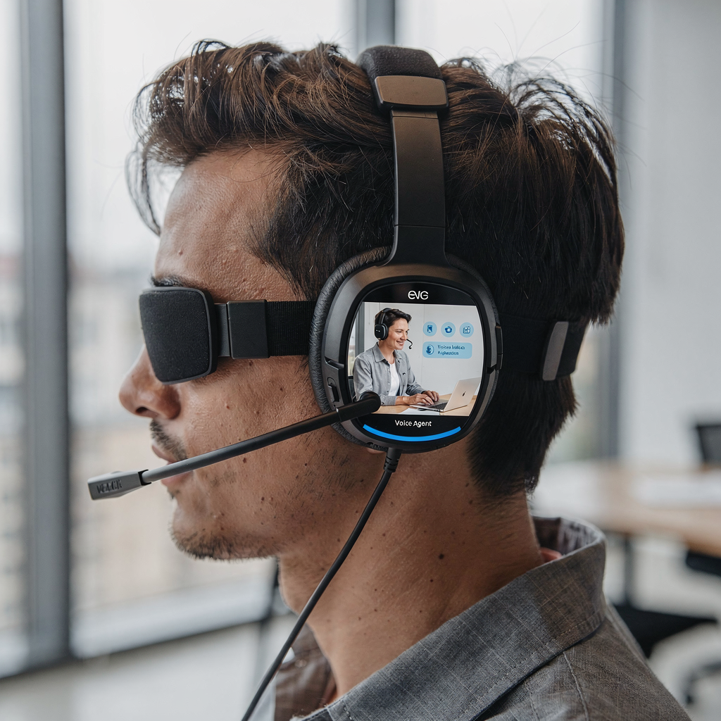 Voice agent simulation for training Close-up of a voice agent simulation on a headset display, showing a user interacting with an AI voice coach in a quiet office, realistic scene, no text
