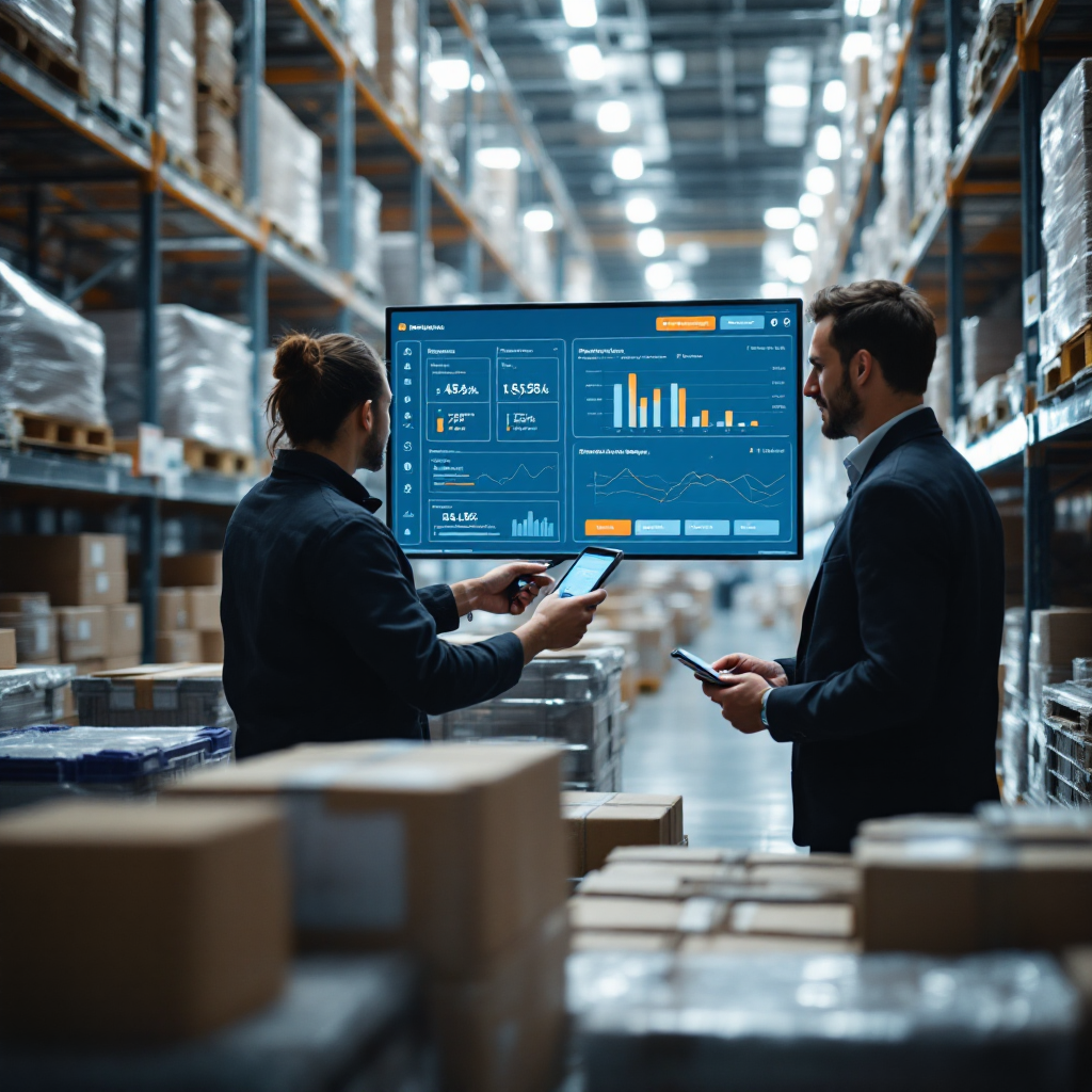 Warehouse scene with staff scanning pallets and a screen showing inventory optimisation recommendations, natural lighting