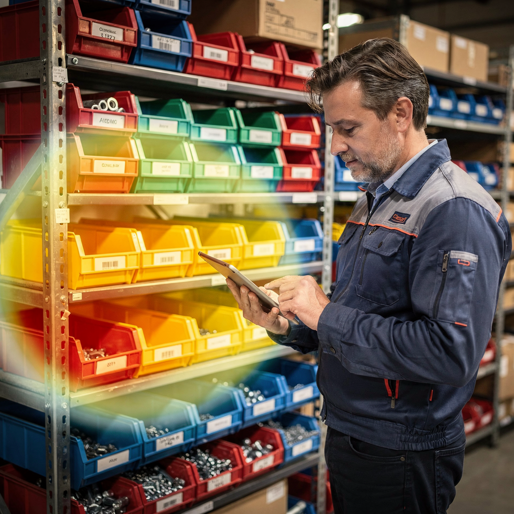 Teileregal im Lager mit Nachfrage‑Heatmap