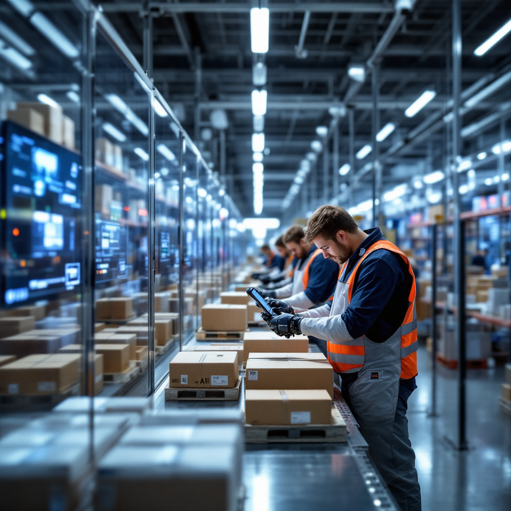 Almacén con robots y pantallas de tareas impulsadas por IA