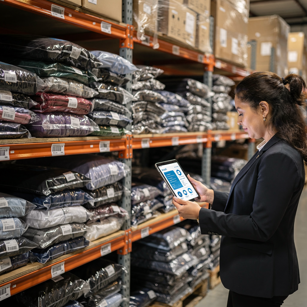 Magazzino con personale che utilizza tablet e dashboard della supply chain Magazzino con personale che utilizza tablet e dashboard della supply chain