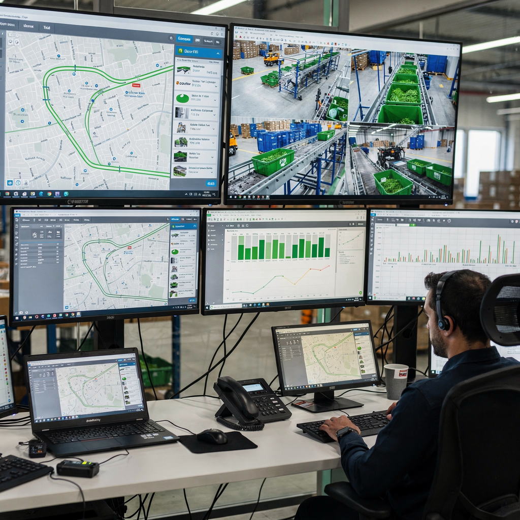 Salle de contrôle des opérations de gestion des déchets avec tableaux de bord Salle de contrôle des opérations de gestion des déchets avec tableaux de bord
