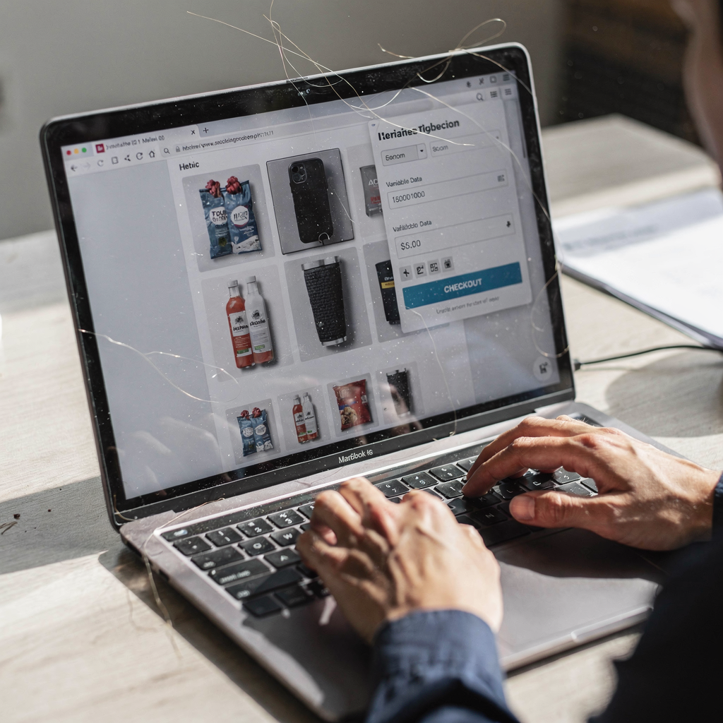 Web-to-print interface with product mockups Close-up of a web-to-print interface on a laptop showing product mockups, variable data fields and a checkout preview; hands typing on keyboard, no text