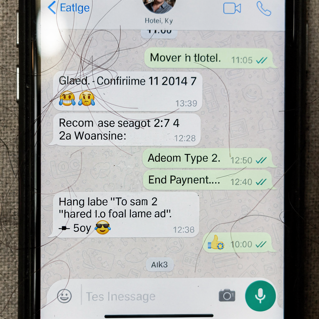 A clean WhatsApp-style chat thread between a hotel assistant and a guest confirming dates, room type and payment; interface elements only, no text or numbers in the image