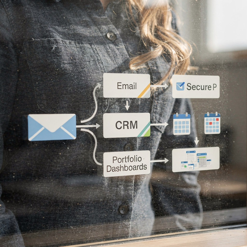 Schematic of an automated workflow linking email, CRM, calendar, and portfolio dashboards with secure API arrows, clean modern design, no text