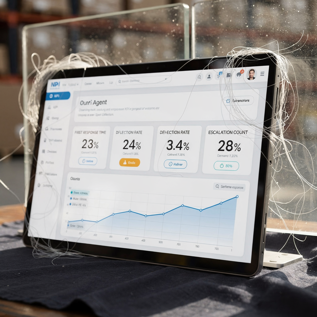A dashboard mock-up showing KPIs for an AI agent: first response time, deflection rate, escalation count, with a clean modern UI and graphs, no text or numbers in image