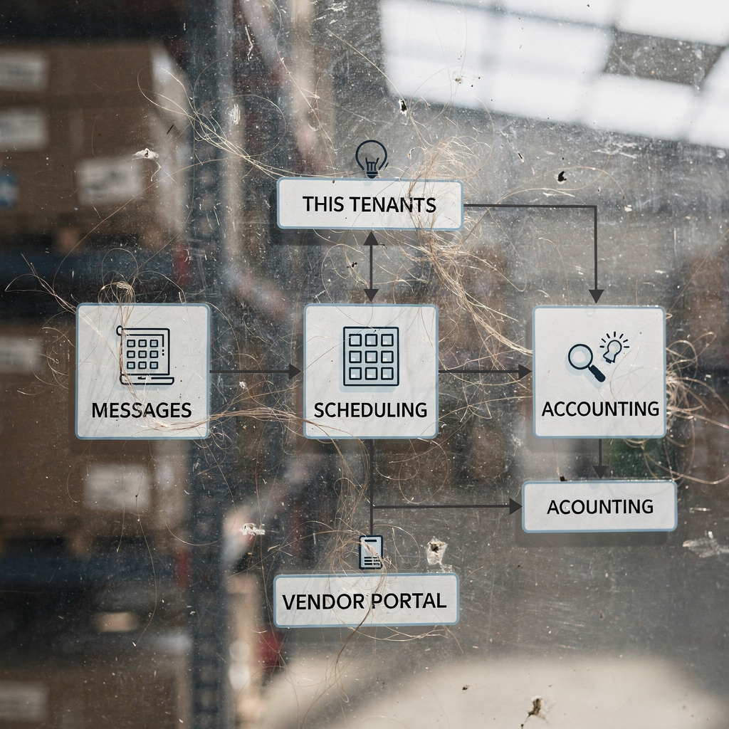 Diagram-style visual of an AI agent workflow connecting tenant messages, scheduling, vendor portals, and accounting systems (no text or numbers).