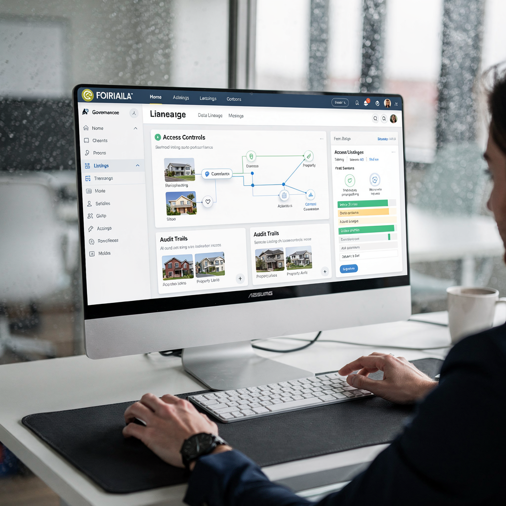 A compliance officer reviewing an AI governance dashboard that shows data lineage, access controls, and audit trails for property listings, neutral office setting, no text