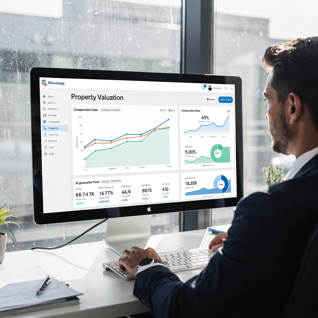 A data dashboard showing property valuation charts, comparable sales, and AI-generated price ranges on a large monitor in an office setting, with a professional analyzing the figures