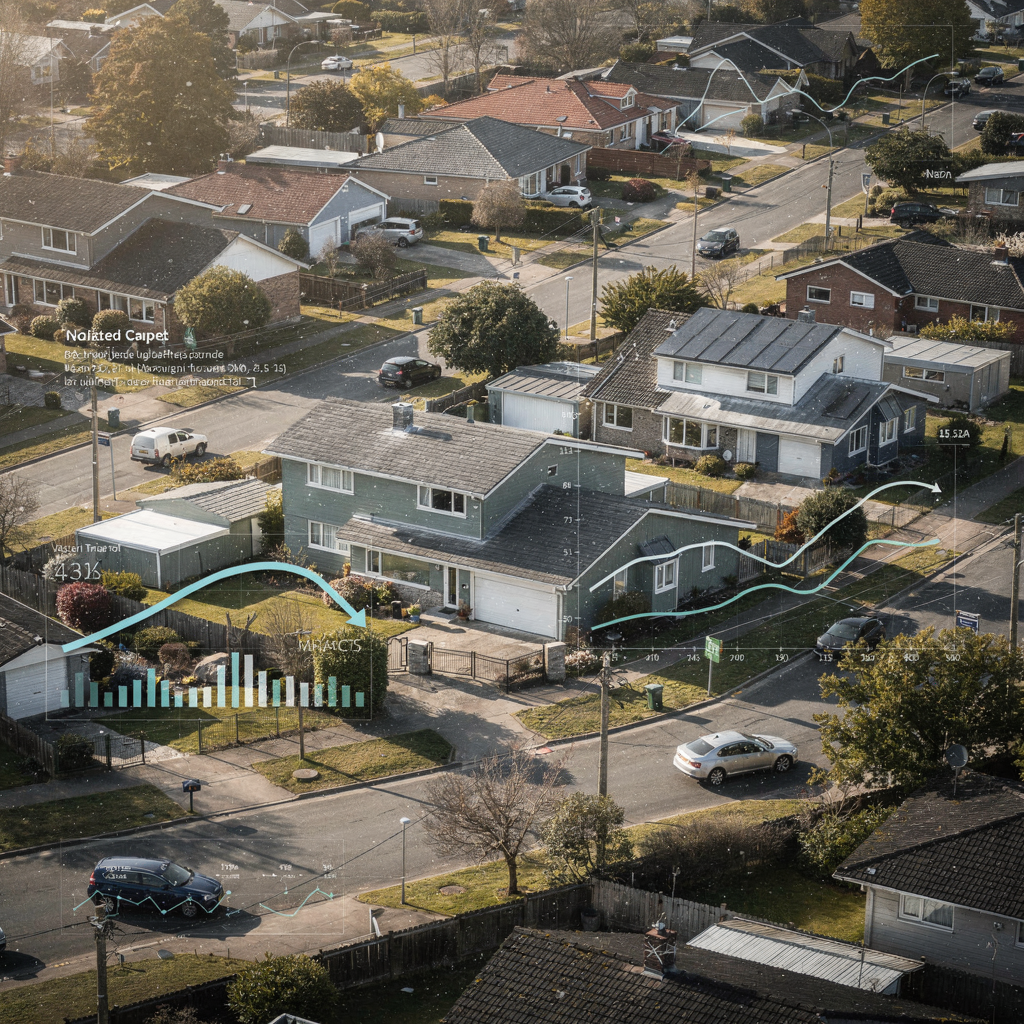 Flyfoto av et nabolag med AI-vurderingsoverlegg