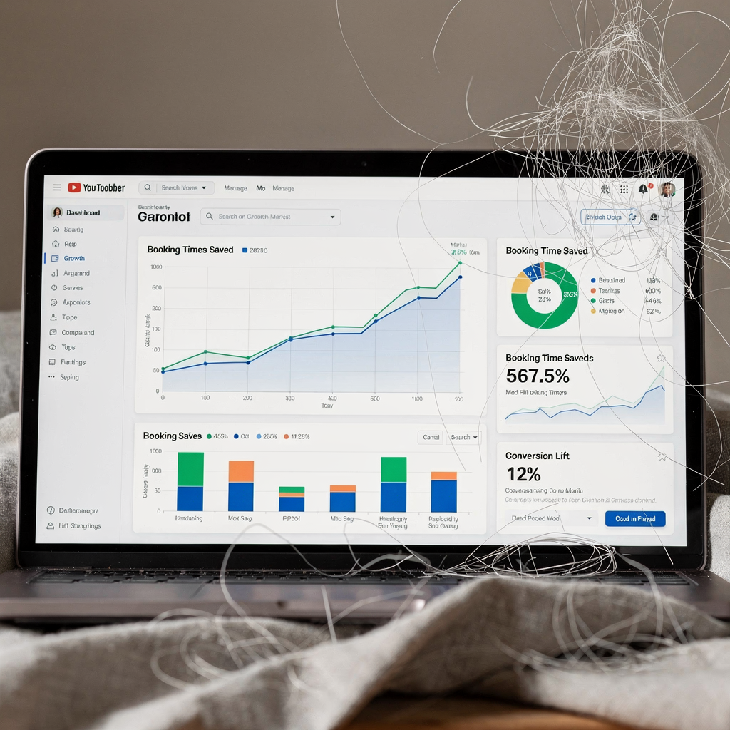 Dashboard showing market growth charts, booking time saved bars, and conversion lift metrics in a clean analytics UI, neutral background