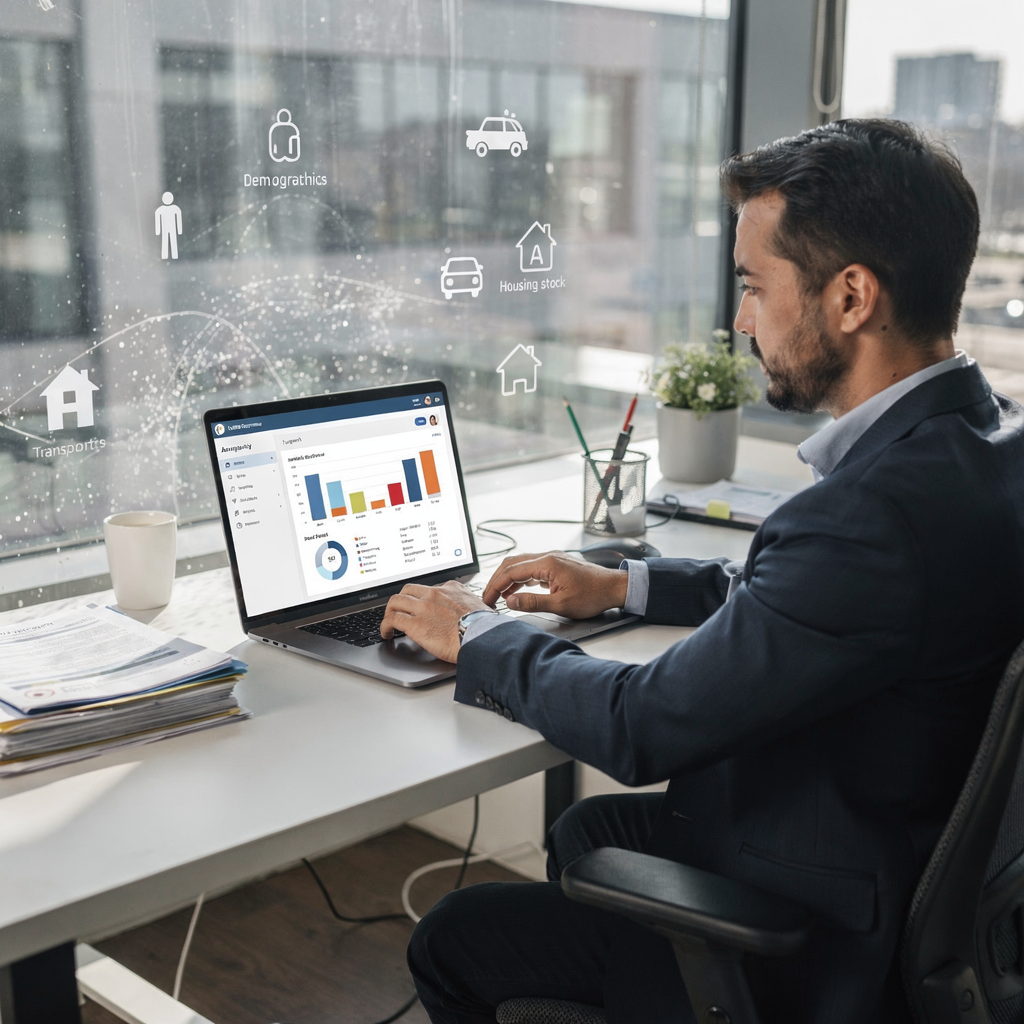 Tasador revisando un panel de IA con gráficos e iconos del vecindario