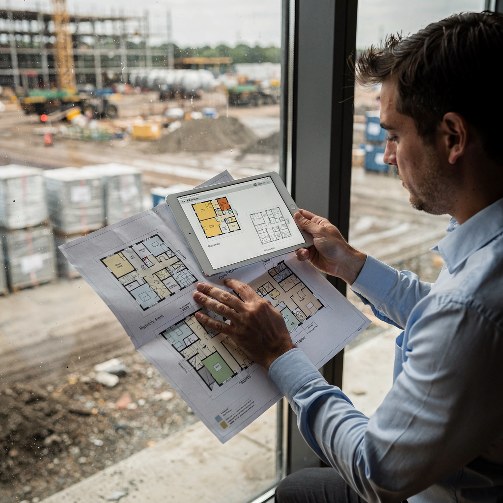 Fastighetsförvaltare som granskar ombyggnadsscenarier