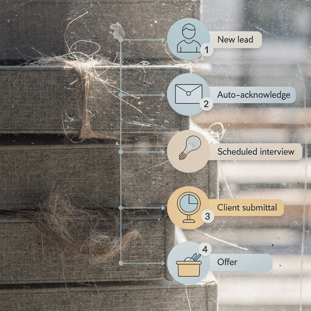 A visual timeline showing automated steps in a recruitment pipeline: new lead, auto-acknowledge, qualification, scheduled interview, client submittal, offer; clean icons and calm colors, no text