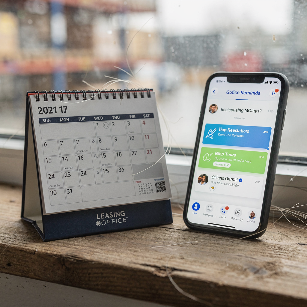 Automated tour reminders on phone and calendar Close-up of a calendar and smartphone showing automated reminders and scheduled tours with a leasing office background, natural colors, no text