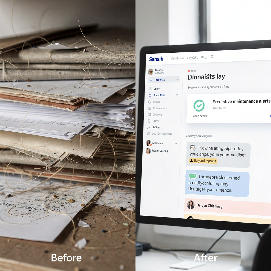 Vorher‑und‑nachher‑Illustration: KI‑gestützte Immobilienverwaltung mit Dashboard und Predictive‑Maintenance‑Warnungen