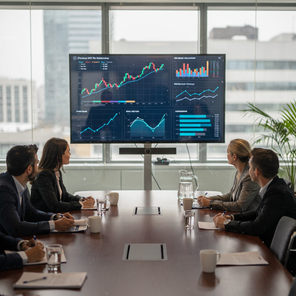 Brokerage team reviewing AI market heatmaps and valuation dashboards
