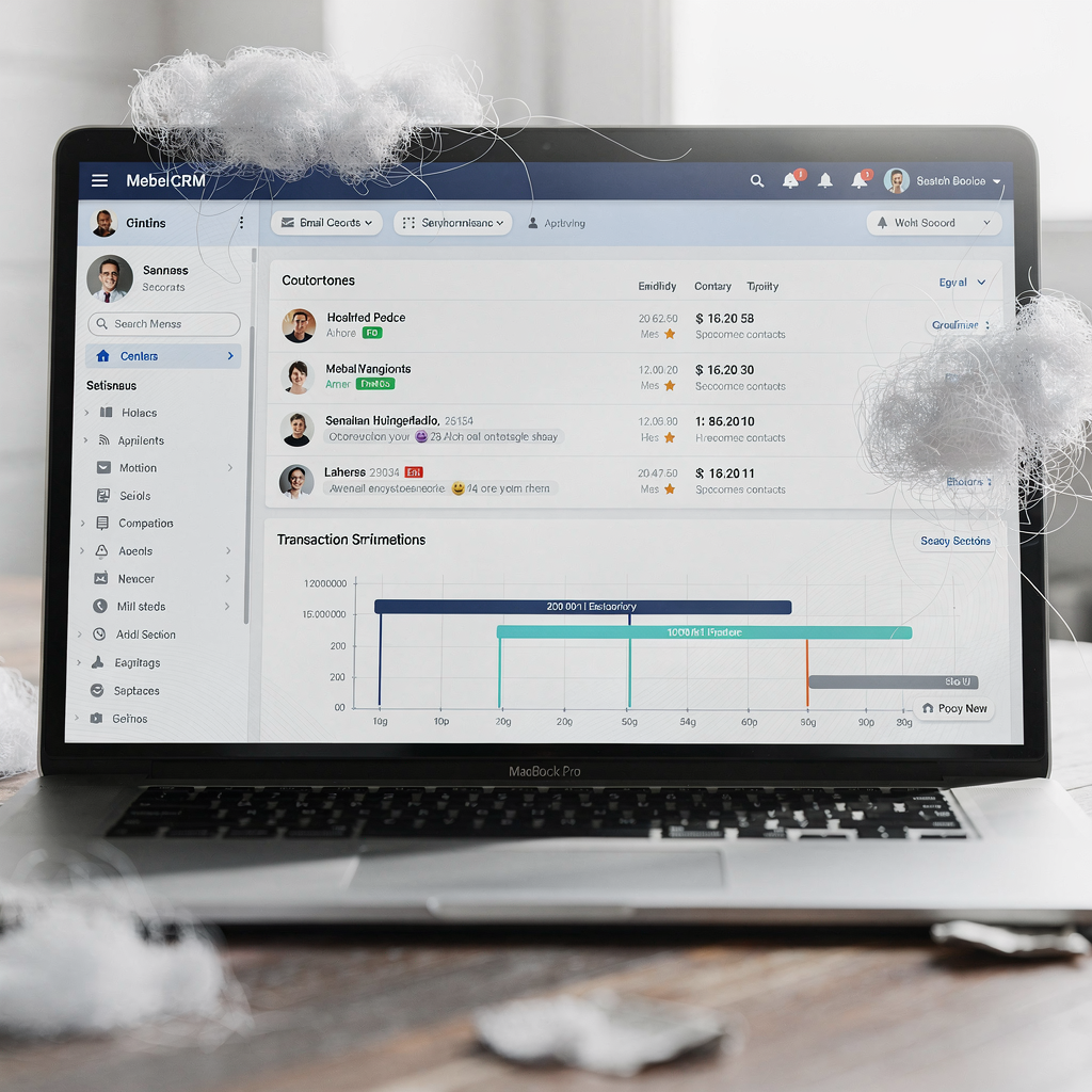 Dashboard CRM con record contatti sincronizzati, thread email e timeline della transazione
