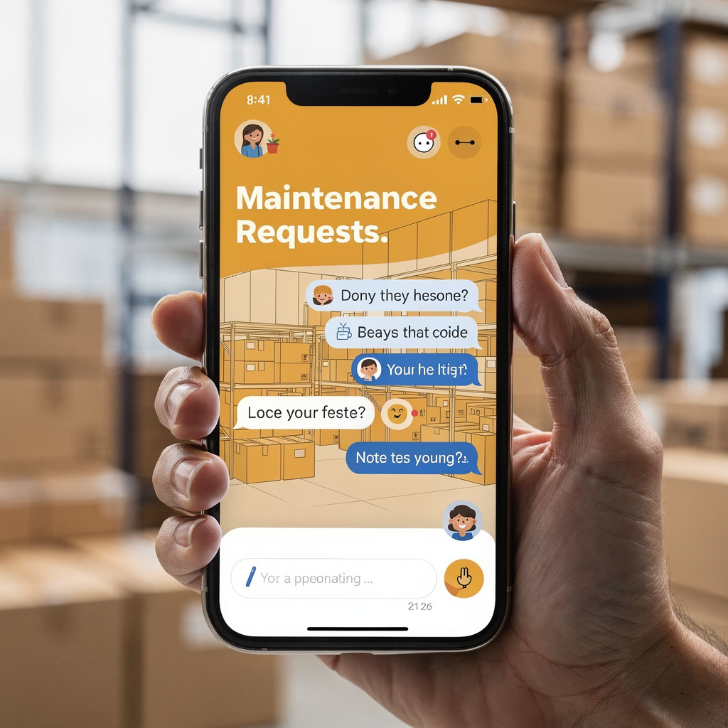 Chatbot handling a maintenance request on phone A friendly chatbot interface on a smartphone screen showing a maintenance request submission with building background, flat design, warm colours