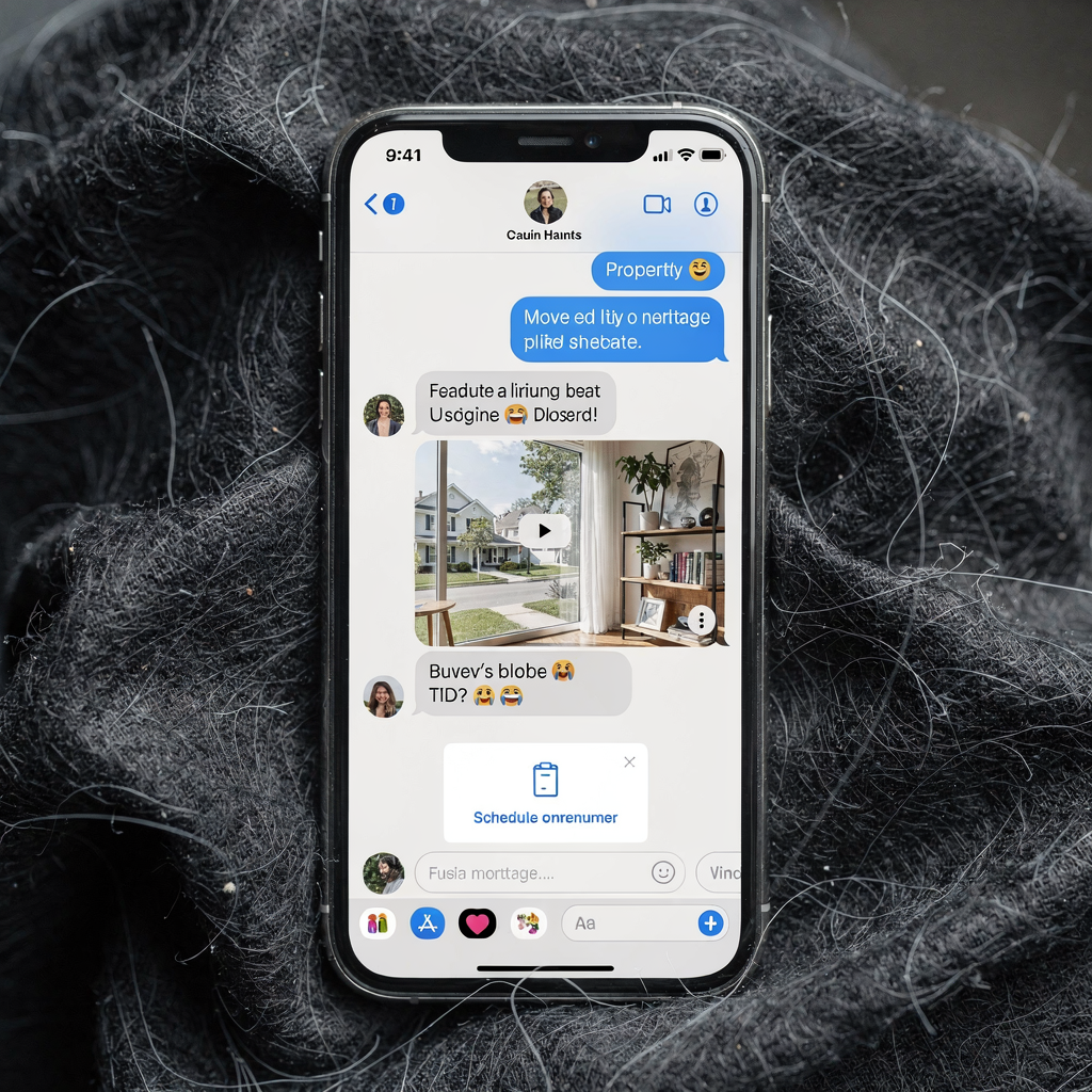 Chatbot providing property details and scheduling a viewing A smartphone screen showing a conversational AI chat with a property listing, mortgage estimate, and schedule confirmation