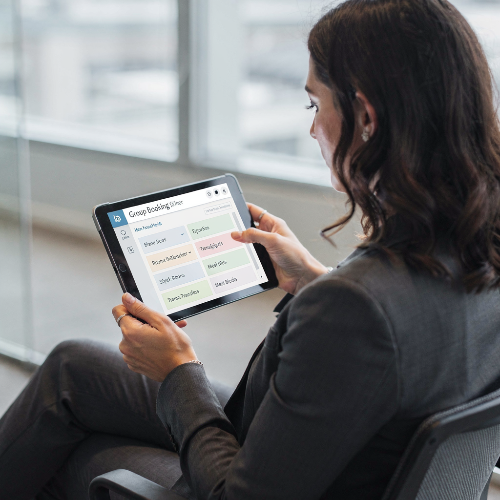 Conference planner reviewing group itinerary A conference planner using a tablet displaying a group booking itinerary with rooms, transfers and meal blocks, no text