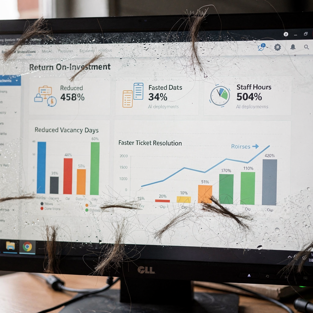Un cruscotto grafico che mostra metriche di ritorno sull'investimento per le implementazioni AI: riduzione dei giorni di sfitto, risoluzione più rapida dei ticket e ore del personale risparmiate con grafici etichettati e icone semplici