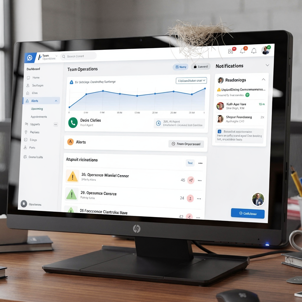 Dashboard showing alerts and upcoming appointments managed by an AI agent A team operations dashboard showing alerts, upcoming appointments, and a notification panel where an AI agent escalates a booking conflict. Clean UI mockup with charts and lists, no text in image