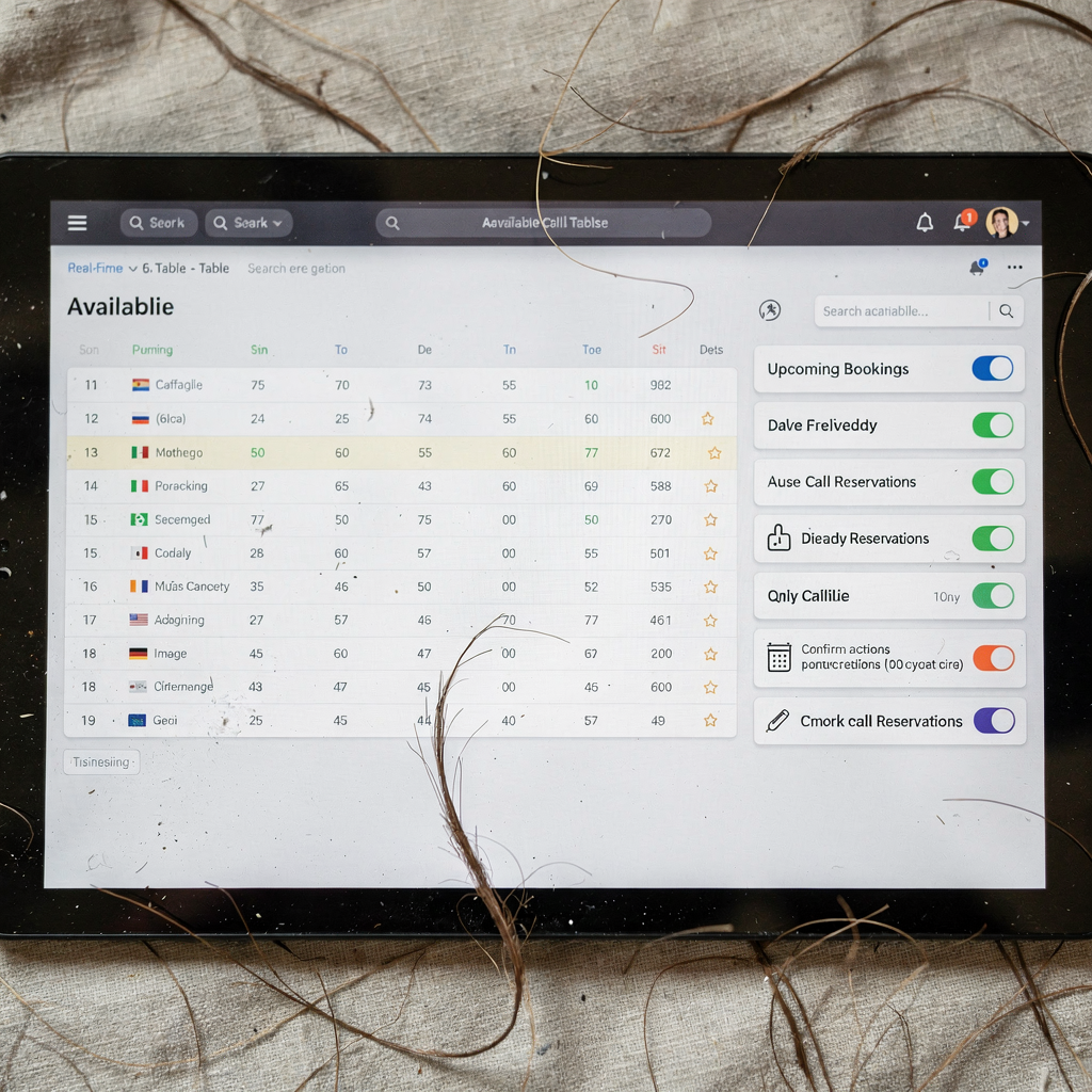 High-level dashboard screenshot mock showing real-time table availability, upcoming bookings list, missed-call capture metric and quick actions for confirming or cancelling reservations. Clean UI, no text or numbers visible
